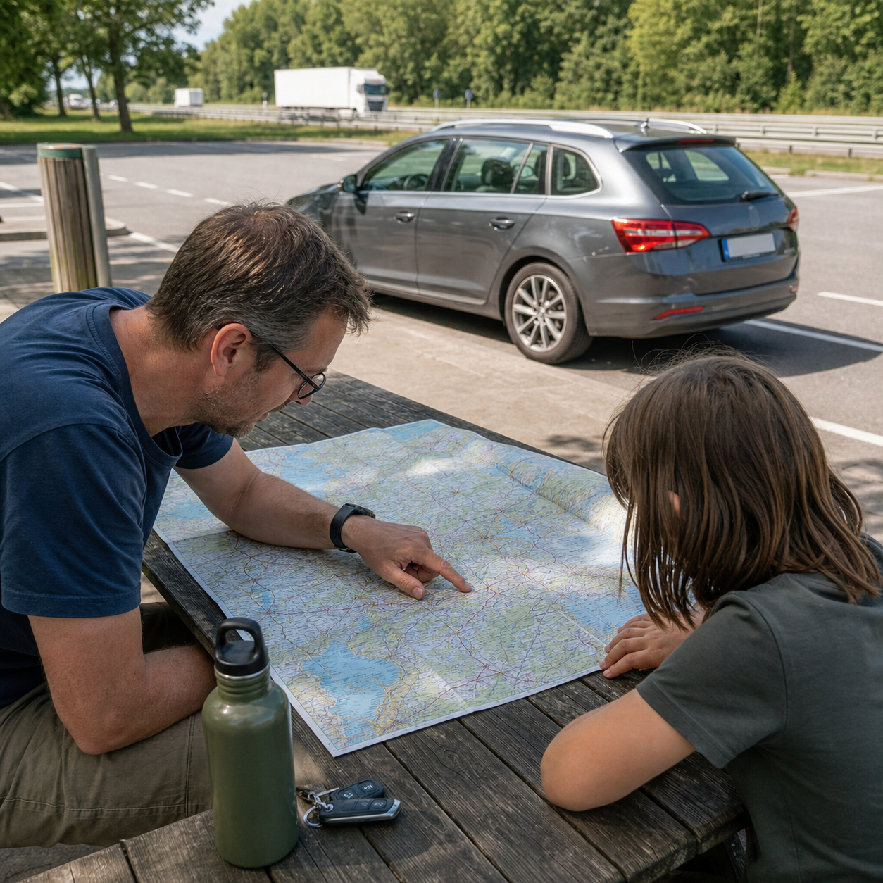Reizigers bekijken een wegenkaart op een houten tafel bij een Europese snelweg